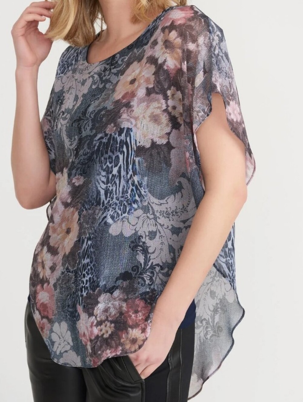 Joseph Ribkoff S14 Floral Chiffon Overlay Tunic Top High Low Boho Elegant Blouse
